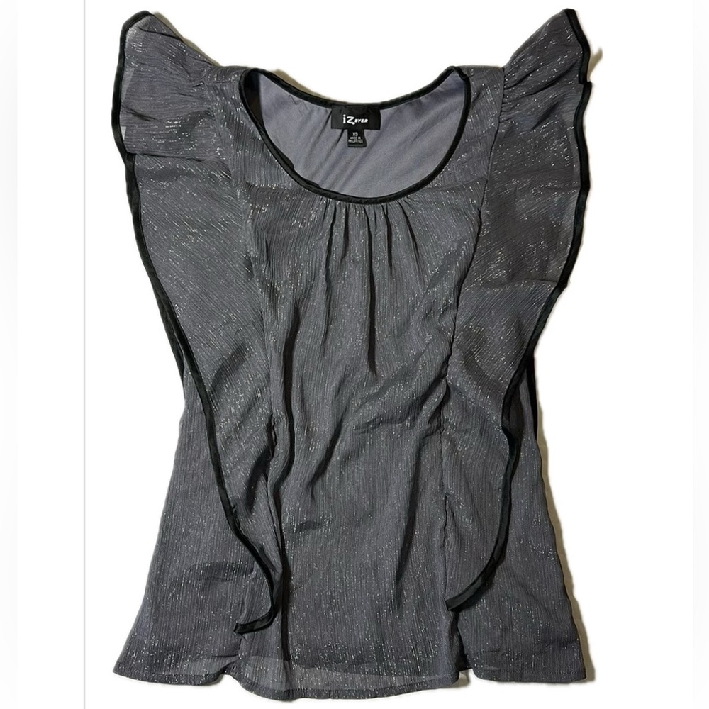 Sparkling Steel XS iZBYER Ruffled Top Dark‎ Gray Black Trim fancy sleeveless